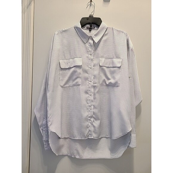 EXPRESS The City Shirt Button Down w Roll Tab Sleeves Polka Dots Womens M White - Picture 2 of 9